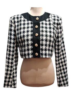 Alexia Admor Jacket Size 6 Cropped Tweed Black White Houndstooth Gold Button